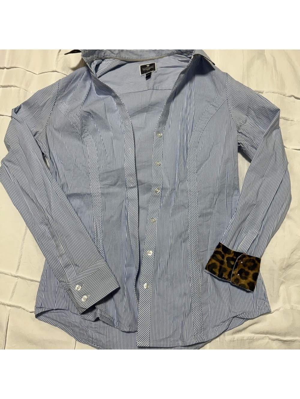 Express Light Blue Striped Shirt with Leopard Print Cuffs and Collar- Size S